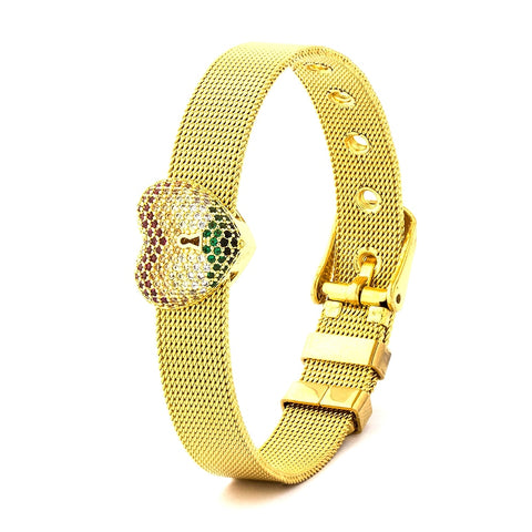 Watch Strap Gemstones "Heart Lock" Bracelet 18K Gold Plated