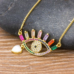 Rainbow Evil Eye with little heart Gemstones Pendant with chain 18k Gold Plated