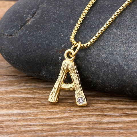 Gold Hammered Metal Bamboo Name Initial Pendant with Chain 18k Gold Plated