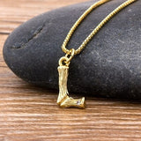 Gold Hammered Metal Bamboo Name Initial Pendant with Chain 18k Gold Plated