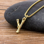 Gold Hammered Metal Bamboo Name Initial Pendant with Chain 18k Gold Plated