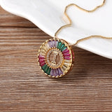 Rainbow Gemstones Initial Letter Pendant with Chain 18K Gold Plated