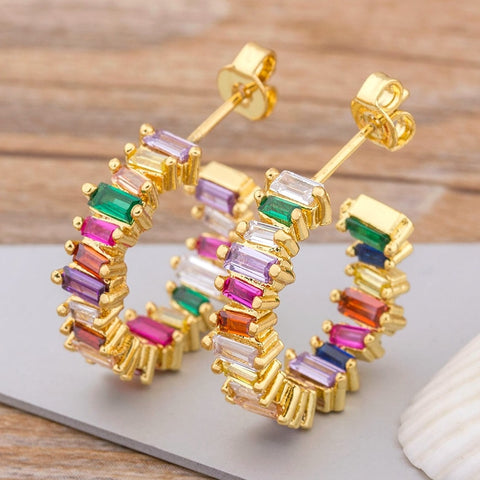 Emerald Cut Rainbow Gemstone Earrings 18K Gold plated "5 Styles"