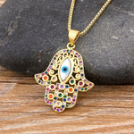 Rainbow Gemstones Hamsa Hand of Fatima Pendant with Chain 18k Gold Plated