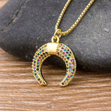 Rainbow Gemstones Horn Shape Crescent Moon Pendant with Chain 18K Gold Plated