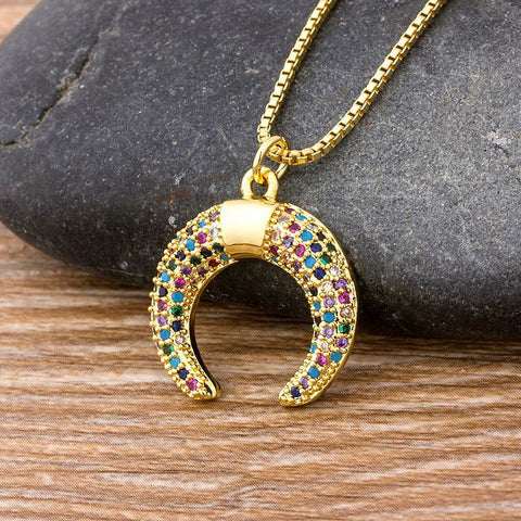 Rainbow Gemstones Horn Shape Crescent Moon Pendant with Chain 18K Gold Plated