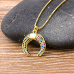 Rainbow Gemstones Horn Shape Crescent Moon Pendant with Chain 18K Gold Plated