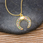 Rainbow Gemstones Horn Shape Crescent Moon Pendant with Chain 18K Gold Plated