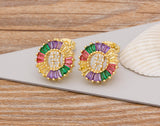 Rainbow Gemstones Cute Alphabets Earrings 18K Gold Plated