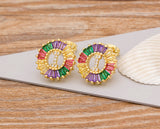 Rainbow Gemstones Cute Alphabets Earrings 18K Gold Plated