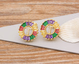 Rainbow Gemstones Cute Alphabets Earrings 18K Gold Plated