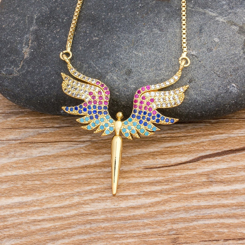 Rainbow Gemstones Angel Wings Pendant with Gold Chain 18K Gold Plated