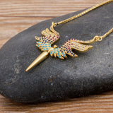 Rainbow Gemstones Angel Wings Pendant with Gold Chain 18K Gold Plated