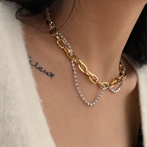 Chunky Chain +Rhinestone Tennis Chain Layered Necklace Set