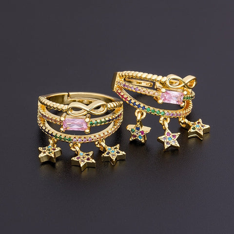 Designer Rainbow Crystal/sapphire Star Ring MultiLayer Adjustable