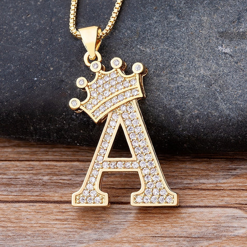 Luxury Gold CZ Diamond Studded A-Z Crown Pendant with Chain 18K Gold Plated