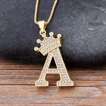 Luxury Gold CZ Diamond Studded A-Z Crown Pendant with Chain 18K Gold Plated