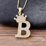 Luxury Gold CZ Diamond Studded A-Z Crown Pendant with Chain 18K Gold Plated