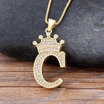 Luxury Gold CZ Diamond Studded A-Z Crown Pendant with Chain 18K Gold Plated