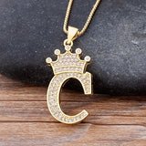 Luxury Gold CZ Diamond Studded A-Z Crown Pendant with Chain 18K Gold Plated