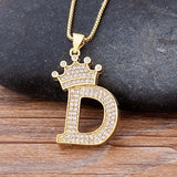 Luxury Gold CZ Diamond Studded A-Z Crown Pendant with Chain 18K Gold Plated