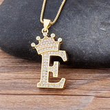 Luxury Gold CZ Diamond Studded A-Z Crown Pendant with Chain 18K Gold Plated