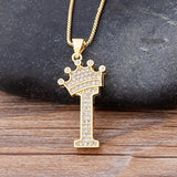 Luxury Gold CZ Diamond Studded A-Z Crown Pendant with Chain 18K Gold Plated