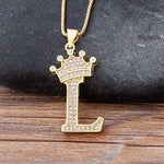 Luxury Gold CZ Diamond Studded A-Z Crown Pendant with Chain 18K Gold Plated