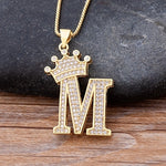 Luxury Gold CZ Diamond Studded A-Z Crown Pendant with Chain 18K Gold Plated