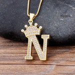 Luxury Gold CZ Diamond Studded A-Z Crown Pendant with Chain 18K Gold Plated