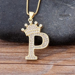 Luxury Gold CZ Diamond Studded A-Z Crown Pendant with Chain 18K Gold Plated