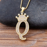 Luxury Gold CZ Diamond Studded A-Z Crown Pendant with Chain 18K Gold Plated