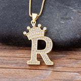 Luxury Gold CZ Diamond Studded A-Z Crown Pendant with Chain 18K Gold Plated