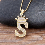 Luxury Gold CZ Diamond Studded A-Z Crown Pendant with Chain 18K Gold Plated