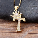 Luxury Gold CZ Diamond Studded A-Z Crown Pendant with Chain 18K Gold Plated