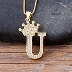 Luxury Gold CZ Diamond Studded A-Z Crown Pendant with Chain 18K Gold Plated