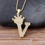 Luxury Gold CZ Diamond Studded A-Z Crown Pendant with Chain 18K Gold Plated