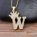 Luxury Gold CZ Diamond Studded A-Z Crown Pendant with Chain 18K Gold Plated