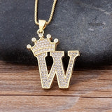 Luxury Gold CZ Diamond Studded A-Z Crown Pendant with Chain 18K Gold Plated