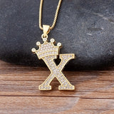 Luxury Gold CZ Diamond Studded A-Z Crown Pendant with Chain 18K Gold Plated