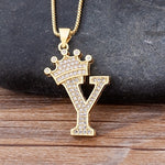 Luxury Gold CZ Diamond Studded A-Z Crown Pendant with Chain 18K Gold Plated