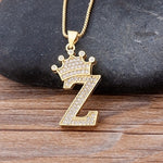 Luxury Gold CZ Diamond Studded A-Z Crown Pendant with Chain 18K Gold Plated