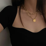 Double Layer Oval Chain Square Pendant Necklace Set