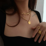 Double Layer Oval Chain Square Pendant Necklace Set