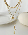 3pc/Set Solid Stainless Steel Snake, Heart, CZ Diamond Multilayers Necklace